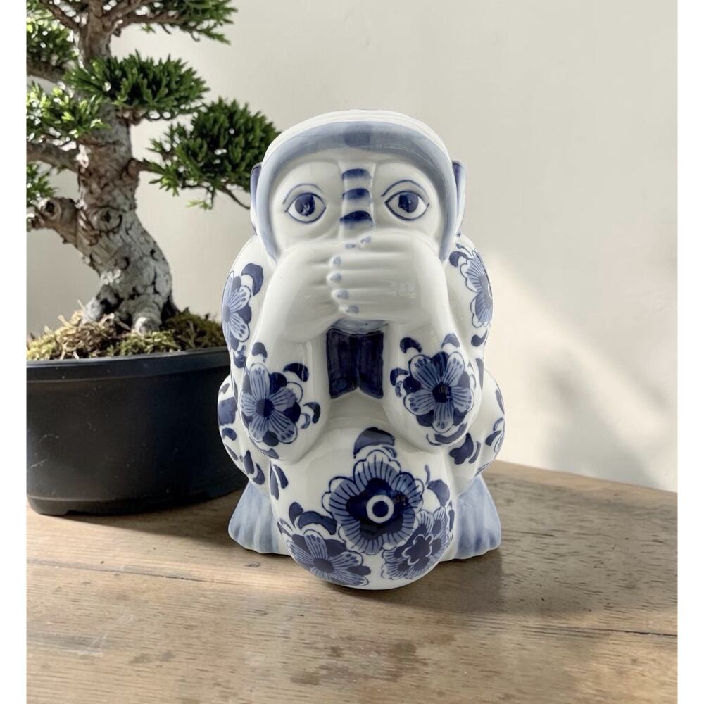 Vintage Blue and White Chinioserie "Speak No Evil" Porcelain Monkey China 8.5 "